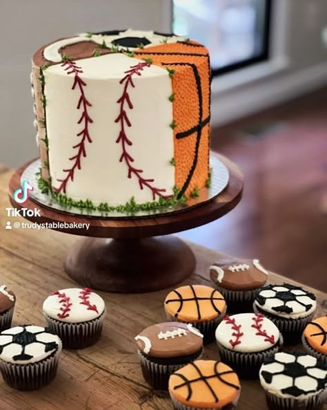 Sports Themed 1st Birthday Party, Sports Ball Cupcakes, Sport Themed Cupcakes, Sports Birthday Cupcakes, Soccer And Baseball Cake, Multi Sport Birthday Party, Multi Sports Cake, Sports Bday Cake, Sports Birthday Party Cake