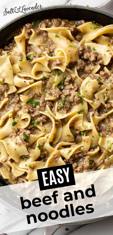 a skillet with pasta and text overlay that reads easy beef and noodles Easy Beef And Noodles 12 Tomatoes, Easy Weeknight Dinners Healthy Ground Beef, Lazy Beef And Noodles, Beef And Noodles Easy Quick, Beef And Noodles Crockpot With Hamburger, Ww Beef And Noodles, Noodles Hamburger Recipes, Easy Beef Noodle Casserole, Beef Tips With Noodles Recipe