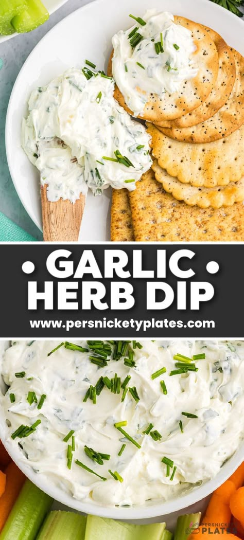 Garlic Herb Dip starts with a cream cheese base and then is filled with fresh herbs. Pair this super easy dip recipe with crackers, chips, or veggies to make the perfect quick snack for your next party or game day. Cream Cheese Cracker Dip, Cracker Dip Recipe, Garlic Herb Dip, Garlic Dip Recipes, Fresh Cheese Recipe, Snack Dips, Herb Dip, Persnickety Plates, Chip Dip Recipes