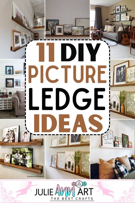 DIY Picture Ledge Ideas 1 Floating Picture Shelves Living Room, Gallery Picture Shelf, Long Shelf With Pictures, Ledge Shelf Styling, Layered Frames On Shelf, Floating Shelf Art Display, Wall Picture Shelf Ideas, Hallway Photo Shelves, Photo Wall Collage With Shelves