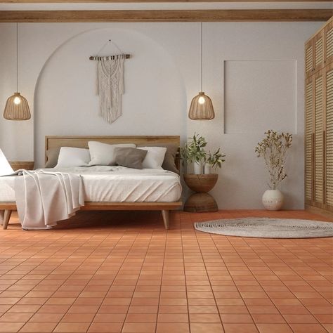 Terracota Floors, Red Tile Floor, Spanish Floor Tile, Tile Bedroom, Tiles Living Room, Terracotta Tile, Terracotta Floor, Rustic Aesthetic, Floor Tile Design