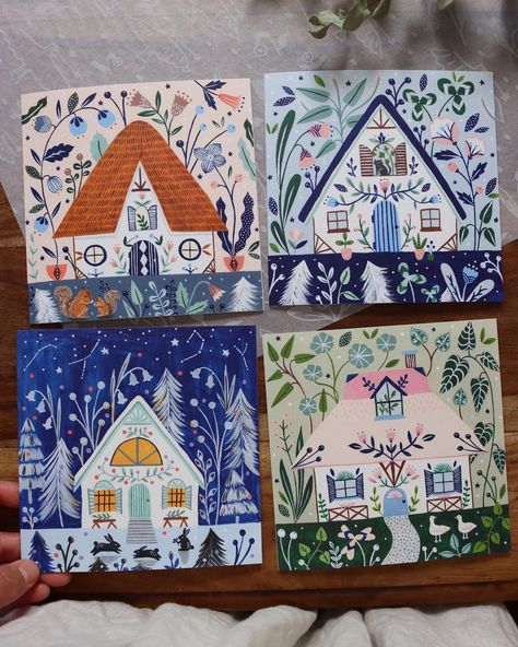 Flora Waycott (@florawaycott) • Instagram photos and videos Folk Art Cards Inspiration, Folk Art Greeting Cards, Flora Waycott Illustration, Flora Waycott, Brothers And Sisters, Character Study, The Seasons, Little Houses, Some People