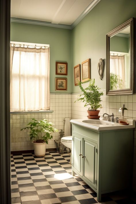 Green Bathrooms Inspiration, Light Green Bathrooms, Beadboard Wall, Dark Green Bathrooms, Checkered Floor, Green Tile Bathroom, Bathroom Inspiration Decor, Upstairs Bathrooms, Small Bathroom Ideas