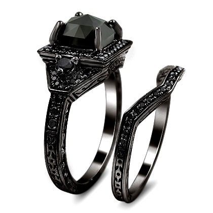 Mafia Wedding, Black Diamond Bridal Set, Black Gold Engagement Rings, Engagement Wedding Ring Set, Women Wedding Ring, Black Wedding Rings, Black Princess, Dark Wedding, Elegant Engagement Rings