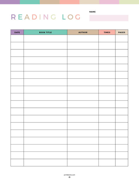 A free kids reading log PDF featuring columns for date, book title, author, times read, and pages to track reading progress. Reading Book Log Free Printable, Homeschool Structure, Reading Log Printable Free, Book Reading Log, Homework Ideas, Reading Log Printable, Reading Logs, What To Do When Bored, Middle School Reading