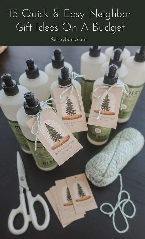 15 Quick & Easy Neighbor Gift Ideas On A Budget! - Kelsey Bang Apartment Neighbor Gifts, Work Friends Christmas Gifts, Dish Soap Neighbor Gift, Meyers Soap Christmas Gift, Christmas Popbys For Realtors, Inexpensive Client Christmas Gifts, Soap Neighbor Gift Free Printable, Holiday Gifts For Neighbors Cute Ideas, Easy Gifts For Neighbors