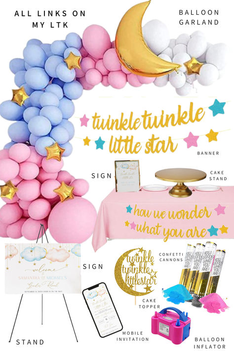 Gender Reveal Theme, Twinkle Twinkle Little Store How We Wonder What You Are! I personally used these products to throw a Gender Reveal Party for my Sister in Law. They are affordable and beautiful. I hope this will help you when planning your gender reveal for your love ones. Included are Links to Balloon Garland, Banners, Confetti Cannons, Custom Signs, Mobile Invitation, Cake Topper and Balloon Inflation Device Wonder What You Are Gender Reveal, Magical Gender Reveal, How I Wonder What You Are Gender Reveal, How We Wonder What You Are Gender Reveal, Twinkle Twinkle Little Star Gender Reveal, Gender Reveal Twinkle Twinkle Theme, Twinkle Little Star Gender Reveal Ideas, Gender Reveal Themes For Party, Gender Reveal Party Theme Ideas