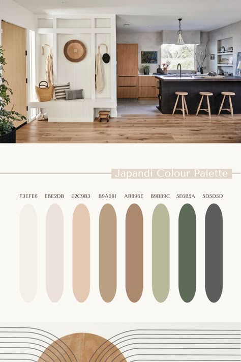 Japandi Bedroom Colors, Adding Wood Panels To Walls, Colour Palette Japandi, Bedroom Color Palette Neutral, Calming Color Palette Living Room, Japandi Living Room Colors, Colorful Japandi Living Room, House Interior Palette, Contemporary Interior Design Color Palette