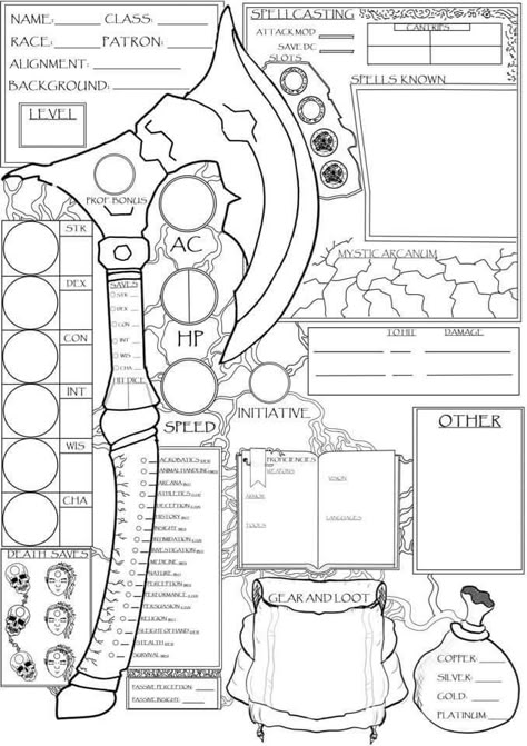 Dnd Sheets 5e, Cute Dnd Character Sheet, Hexblade Warlock Dnd, Pathfinder Character Sheet, Hexblade Warlock, 5e Character Sheet, Rpg Character Sheet, Warlock Dnd, Dnd Diy