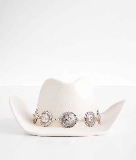 Fame Accessories Cowboy Fashion Hat - Women's Hats in Ivory | Buckle Concho Belt With Dress, Cream Cowboy Hat, Bridal Cowgirl Hat, Custom Cowboy Hats Women, Nashville Accessories, Cowboy Hat Outfit Woman, Diy Cowboy Hats, Cowboy Bride, White Cowgirl Hat