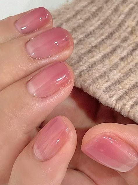 translucent dusty pink ombre nails Soft Pink Jelly Nails, Jelly Style Nails, Jelly Nails On Tan Skin, Pink Nails Translucent, Light Pink Jelly Nails Almond, Jelly Water Pink Nails, Colored Clear Nails, Clear Nails Shellac, Jelly Nails Manicure