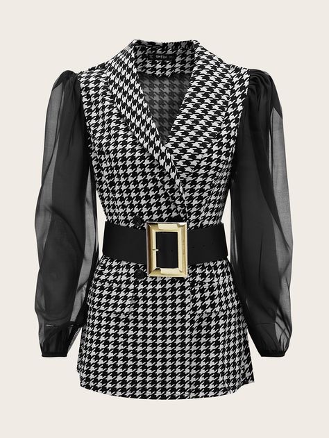 Shawl Collar Lantern Sleeve Houndstooth Pattern Buckle Belted Blazer | SHEIN USA Pattern Blazer Outfit, Coat Collar Pattern, Blazer Sleeves, Blazer Pattern, Women Blazers, Women Suits, Blouson Sleeve, Belted Blazer, Muslim Fashion Dress