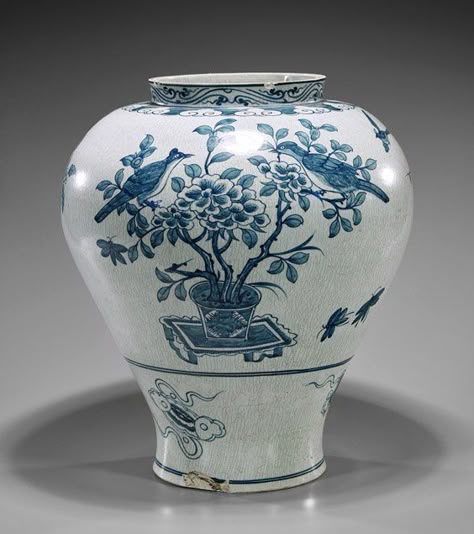 Large Korean Blue & White Porcelain Vase of baluster form with flared base, designs of three potted plants with birds perched in branches; floating scholar emblems to bottom band, H: 16" Korean Vase, Korean Antiques, Korean Porcelain, Art Of Korea, Korean Decor, Korean Ceramics, Korean Pottery, Large Dragon, Blue White Porcelain