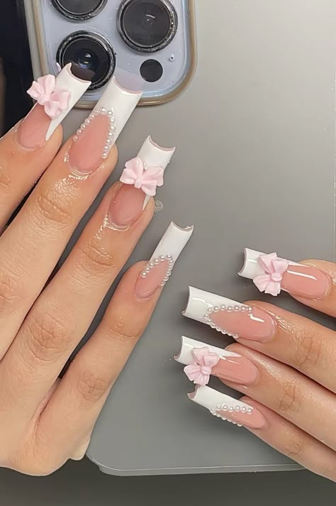 Paznokcie Hello Kitty, Latina Nails, Graduation Nails, Girly Acrylic, Graduation 2024, Nagel Tips, Girly Acrylic Nails, French Tip Acrylic Nails, Short Square Acrylic Nails