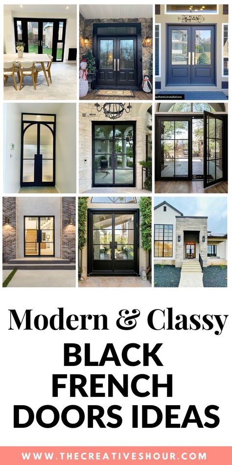 Upgrade your space with the sophistication of Black French Doors. Explore design ideas, from classic to modern, to add a touch of timeless elegance to your interior or exterior. White French Doors Patio, Back Patio French Doors, Black Grid French Doors, Iron French Doors Patio, French Doors And Windows, French Door Ideas Exterior, Black French Front Doors, Black Exterior French Doors, Modern French Doors Exterior Patio