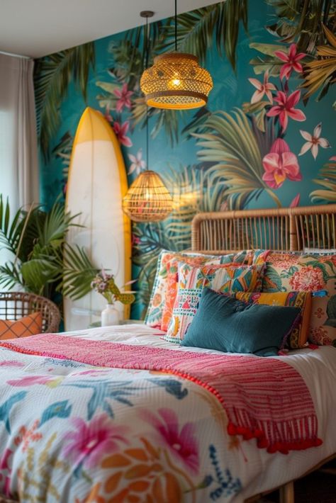 Tropical Studio Apartment, Bright Coastal Color Palette, Tropical Boho Bedroom, Tropical Bedroom Furniture, Breezy Curtains, Hawaiian Bedroom, Boho Coastal Bedroom, Tropical Chic Decor, Tropical Room