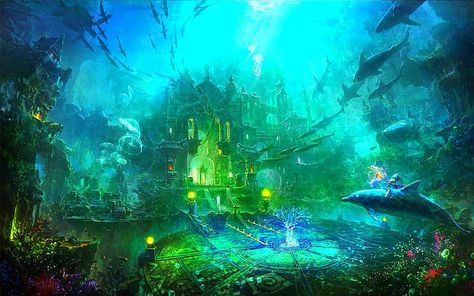 Ocean Kingdom, Kingdom Wallpaper, Underwater Ruins, Underwater Wallpaper, Sunken City, Underwater City, Dark Warrior, Horse Silhouette, Fantasy City