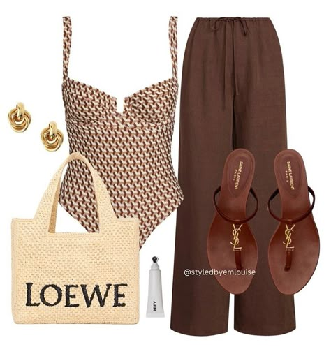 Emma Louise | Stylist | There’s just something about brown tones on holiday…👌🏼 this might be one of my fave swimwear pieces 🥥 Outfit details are linked on my… | Instagram Brown Beach Outfit, Brown Summer Outfits, Brown Outfit Summer, Outfits For Mexico Vacation, Mexico Outfits Vacation, Summer Outfits Brown, One Piece Swimsuit Outfit, Chic Vacation Outfits, Summer Outfits Polyvore