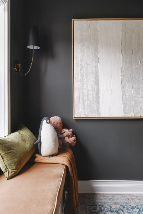 Toffee velvet custom cushion from @patiolane completes our cozy snug! Moody Playroom, Charcoal Grey Paint, Kendall Charcoal, Charcoal Walls, Grey Accent Wall, Yellow Brick Home, Black Paint Color, Custom Bench Cushion, Dark Grey Walls