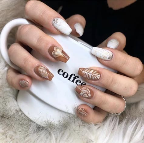 Coffee Nail Designs, Coffee Nails Designs, Unusual Nails, Designs For Painting, Pumpkin Spice Nails, Latte Aesthetic, Future Nails, Pretty Nail Polish, Kiss Nails