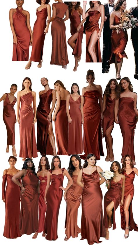 Burnt Orange Mismatched Bridesmaids, Rust Maid Of Honor Dress, Bridesmaids Burnt Orange, Terracotta Satin Dress, Terracotta Shades Bridesmaid Dresses, Shades Of Rust Bridesmaid Dresses, Rust Red Bridesmaid Dresses, Shades Of Terracotta Bridesmaid Dresses, Cooper Bridesmaids Dresses