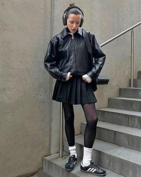 Stockings And Socks Outfit, Skirt Outfits With Black Tights, Pantyhose With Socks Outfit, Sambas With Tights, Tights With Socks Outfit, White Samba Adidas Outfit Winter, Casual Tights Outfit, Styling Black Sambas, Stockings With Sneakers