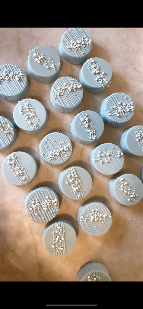 Blue And White Treat Table, Chocolate Covered Oreos Baby Shower Boy, Baby Blue Dessert Table, Dusty Blue Desserts, Light Blue Desserts, Something Blue Dessert Table, Baby Shower Cake Pops Boy, Blue Desserts For Baby Shower Boys, Dusty Blue Cake Pops