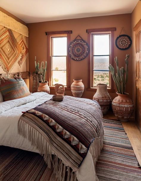 Decorative Pottery Vintage Southwestern Decor, New Mexico Style Bedroom, Native American House Decor, Native American Inspired Decor, Santa Fe Bedroom Ideas, Desert Style Bedroom, Southwestern Decorating Bedroom, Mexican Interior Design Bedroom, Southwest Cottagecore