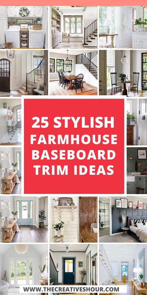 Elevate your home's style with modern farmhouse baseboard trim ideas! Discover creative floor molding designs, incorporating wood, square profiles, and the timeless appeal of dark or white finishes. Perfect for both interior and exterior spaces. #FarmhouseBaseboardTrim #ModernDesign #WoodTrimIdeas Modern Farmhouse Molding And Trim, Farmhouse Style Baseboards, Dark Window Trim White Baseboards, Farmhouse Style Trim And Baseboards, Stained Baseboards And Trim Farmhouse, Inside Trim Ideas, Window Trim Styles Farmhouse, Moldings And Trim Ideas, Cheap Trim Ideas Budget