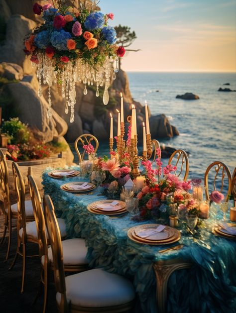 Bright colors by the bay, this wedding is any bride or groom’s dream. Shades of blue and coral pop against the sand and ocean or create this style close to home. Disney wedding, Ariel wedding, little mermaid, seaside wedding, beach wedding, destination wedding, modern bride, modern theme, modern wedding, classic theme, bright florals, bridal bouquet Beachy Floral Wedding, Deep Sea Blue Wedding Theme, Ocean Wedding Ceremony, Blue Ocean Wedding Theme, Ocean Aesthetic Wedding, Ariel Themed Wedding, Mermaid Theme Wedding Decor, Fairytale Beach Wedding, Jamaica Wedding Colors