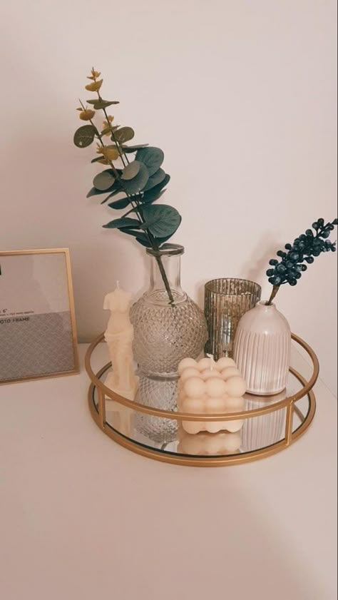 Gold mirrored tray holding 3 vases, two of them containing faux plants, and two unique candles. Decor Ideas Bedroom, Bed Design Modern, Bedroom Deco, Dekorasi Kamar Tidur, Cozy Room Decor, Room Design Bedroom, Decor Home Living Room, Cute Room Decor, Room Ideas Bedroom