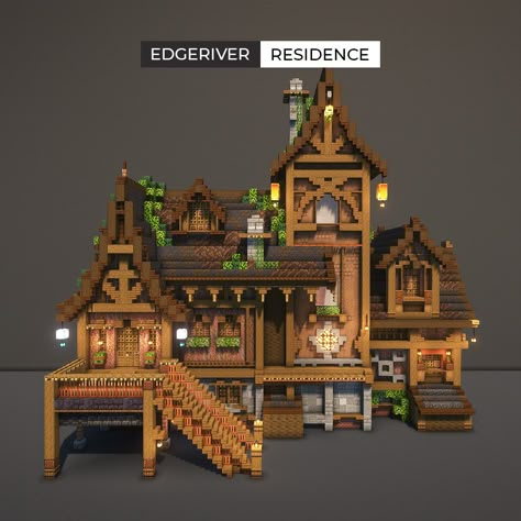 Minecraft build - Edgeriver Residence💫🌼 All Medieval, Dark and Rustic...☘ Hope you like it! If you like the build, check it out on my Patreon!👍 Download Link below Fantasy Minecraft Builds Ta… Minecraft Hobbit House Ideas, Whimsigoth Minecraft House, Minecraft Medieval Village Ideas, Minecraft End House, Enchantment House Minecraft, Most Minecraft, Big Minecraft House Ideas, Farmhouse Minecraft Ideas, Minecraft Houses Fantasy Ideas