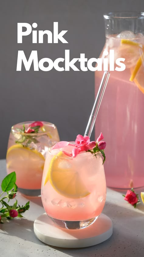 Pink Mocktails Alcohol Free Pink Drinks, Fancy Non Alcoholic Drinks Parties, Fun Pink Drinks Non Alcoholic, Pink And Blue Mocktails, Quinceanera Mocktails, Pink Mocktail Recipe Non Alcoholic, Mocktail Recipe Large Batch, Girls Night Mock Tails, Rose Mocktails Non Alcoholic