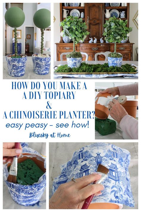 Make a Chinoiserie Planter for a Handmade Topiary. Transform ordinary planters into works of art with decoupage and handmade topiaries. Dive into my DIY guide for crafting your own Chinoiserie-inspired décor. Then use styrofoam balls and greenery to make topiaries from scratch. Use this creation to bring color, pattern and style to your home. Christmas Diy Topiaries, Diy Blue And White Decor, Diy Chinoiserie Planter, Diy French Decor, Chinoiserie Crafts, Chinoiserie Diy, Styrofoam Ball Crafts, Diy Chinoiserie, Chinoiserie Chic Decor