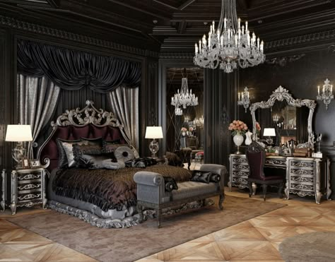 Mansion Bedroom, Royal Room, Fancy Bedroom, Royal Bedroom, Castle Bedroom, Black Bedroom Design, Black Bedroom Decor, Gothic Bedroom, Black Bedroom