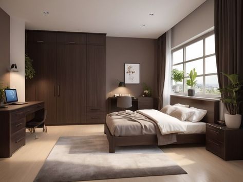 Dark Wood Cupboards Bedroom, Dark Brown Cupboards Bedroom, Dark Wood Home Interior, Modern Dark Wood Bedroom, Bedroom Brown Aesthetic, Room With Dark Brown Furniture, Brown Theme Bedroom, Dark Brown Wood Bedroom, Brown Furniture Bedroom Ideas