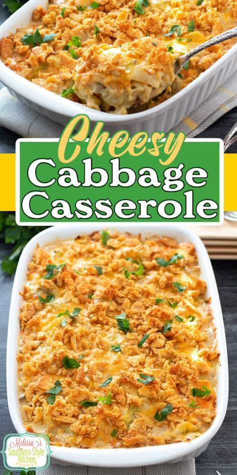 Turn a simple head of cabbage into this delicious Cheesy Cabbage Casserole #cabbagecasserole #cabbage #cabbagerecipes #casseroles #southernfood #southernrecipes #vegetarian #sidedishrecipes via @melissasssk Good Cabbage Recipes, Cabbage Mac And Cheese, Green Cabbage Casserole, Scalloped Cabbage 12 Tomatoes, Fried Cabbage Casserole, Cabbage As A Side Dish, Cabbage Broccoli Recipes, Roasted Cabbage Slices, What To Do With Shredded Cabbage