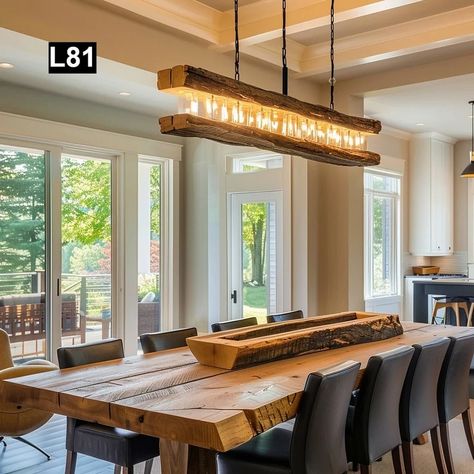 Reclaimed Wood Beam Chandelier L81 - Etsy Lighting Above Dining Table Rustic, Industrial Farmhouse Chandelier Dining Rooms, Rustic Living Room Lighting, Barndominium Chandelier, Wood Beam Ideas, Wood Beam Light Fixture, Modern Rustic Lighting, Modern Farmhouse Kitchen Light Fixtures, Wood Beam Light