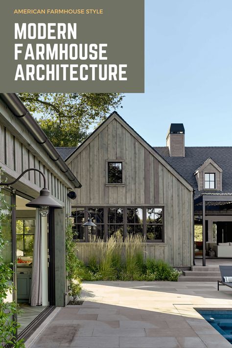 Learn about Modern Farmhouse Architecture at AmericanFarmhouseStyle.com! #farmhouse #farmhousedesign #farmhouseexterior Modern Farm Architecture, Modern Farmhouse Loft, Scandinavian Farmhouse Exterior, Modern Board And Batten, Modern Scandinavian Farmhouse, Modern Farmhouse Architecture, White Farmhouse Exterior, Modern Farmhouse Ideas, Farmhouse Style Lighting