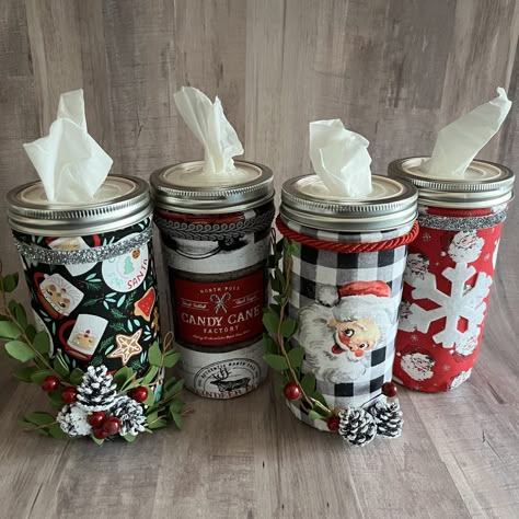 Kleenex Mason Jar Tissue Holders, How To Make Mason Jar Tissue Holders, Christmas Mason Jar Tissue Holder, Mason Jar Tissue Holder Diy Christmas, Kleenex Jars Diy, Diy Mason Jar Tissue Dispenser, Mason Jar Crafts Diy Decorative Jars, Mason Jar Tissue Holder Diy Tutorial, Mason Jar Kleenex Dispenser Diy