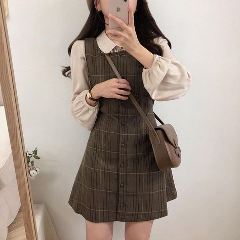 Leoom Pleated Shirt / Sleeveless Plaid Dress | YesStyle Vintage Pinafore, Cute Korean Fashion, Dark Academia Outfits, Dark Academia Outfit, Dark Academia Clothing, Academia Clothes, Academia Outfits, Academia Style, Dark Academia Fashion