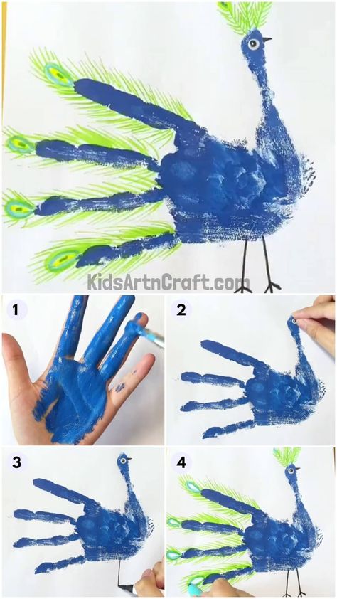 Peacock Crafts Preschool, Blue Bird Craft, Birds Activities For Preschool, Peacock Handprint Art, Bird Handprint Art, Birds Art And Craft Preschool, Peacock Craft Preschool, Peacock Art For Kids, Peacock Activity