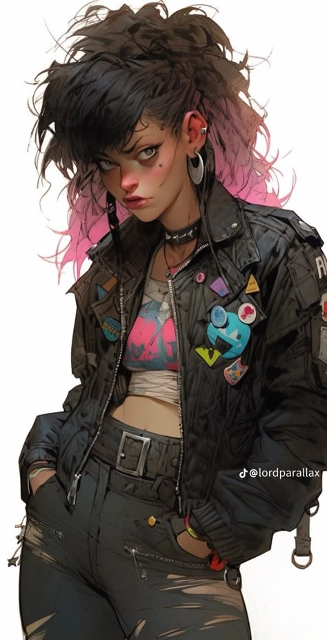 Rockstar Character Design, Punk Oc Art, Punk Girl Drawing, Neon Punk Fashion, Dnd Warrior, Punk Poses, Punk Character Art, Punk Character Design, Punk Drawing