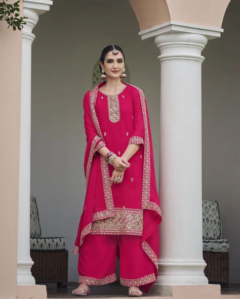 👉Rani Pink Color Real Georgette Fabric Palazzo Suit 👉For More Details WhatsApp : +919978885114 👉www.fabdealvilla.com 👉COD Available 👉Free Shipping 👉Wholesale Rate 👉Quality Guaranteed Hot Pink Indian Outfit, Pink Indian Outfit, Rani Pink, Gown Suit, Lehenga Gown, Georgette Dupatta, Palazzo Suit, Fabric Embroidery, Pink Suit