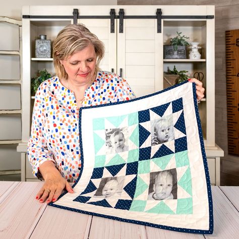 Quilts With Photos On Them, Memory Quilt Wall Hanging Ideas, Photo Memory Quilt Patterns, Photo Memory Quilt Ideas, How To Make A Photo Quilt, Photo Quilts Patterns, Picture Quilts How To Make, Memory Quilts With Photos, Photo Quilts How To Make A