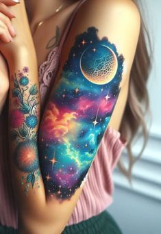 #tattoo #tattoodesign #amazing #trending Galaxy Half Sleeve Tattoo, Galaxy Cover Up Tattoo, Arm Tattoos For Women’s, Geometric Galaxy Tattoo, Fire Tattoos For Women, Colorful Arm Tattoos, Night Sky Tattoo Sleeve, Bright Color Tattoos For Women, Galaxy Sleeve Tattoo