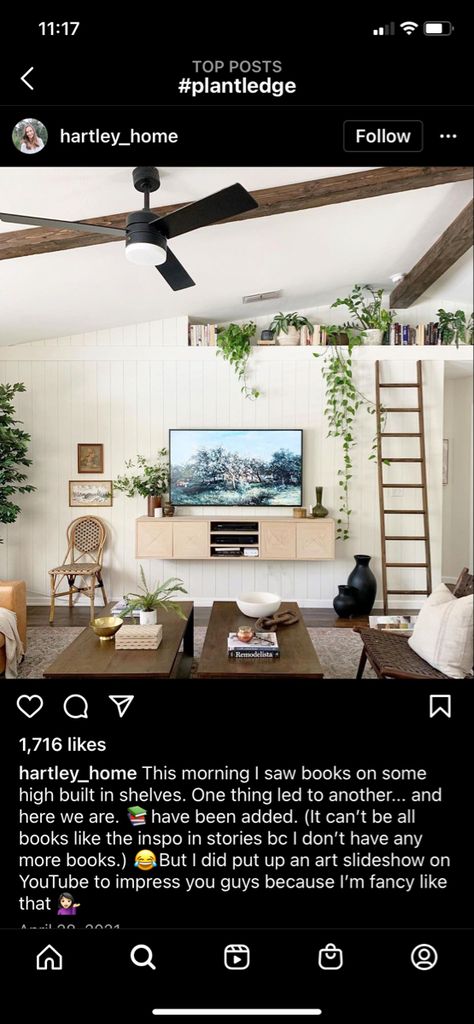 High Plant Shelf Decor Vaulted Ceilings, Boho Vaulted Ceiling Living Room, Vaulted Ceiling Plant Shelf Decor, House Ledge Decor, High Ceiling Ledge Decor, Vaulted Ceiling Shelf Decor Living Room, Slanted Vaulted Ceiling Living Room, Vaulted Ceiling Plant Wall, Vaulted Ledge Decor