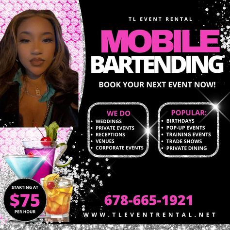 Bartender Price List, Mobile Bartender Set Up, Bartender Business Card Ideas, Private Bartending Business, Female Bartender Aesthetic, Traveling Bartender, Bartender Woman, Bartender Ideas, Mobile Bartending Business