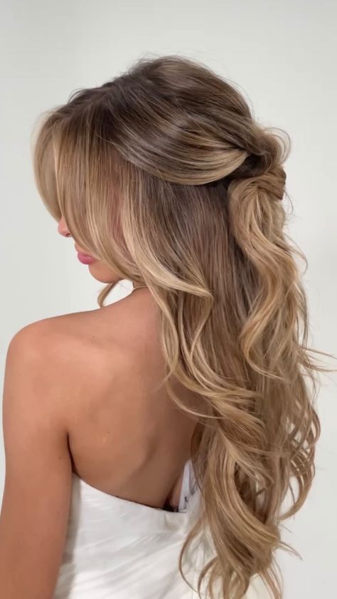 Hannah Moore ARIZONA/OC HAIRSTYLIST | ✨Easy half-up inspo✨ with @hairby_chrissy and @habitevents !! Coming to Orange County May 2nd DM now to book! #halfupstyle… | Instagram Bridal Hair Down Curtain Bangs, Bridal Half Up Half Down Ponytail, Volume Half Up Half Down Wedding Hair, Loose Half Up Half Down Bridesmaid Hair, Half Up Half Down Wedding Hair Curtain Bangs, Prom Hair With Bangs Half Up, Wedding Hair Volume Half Up, Wedding Hair Blowout Half Up, Blowout Curls Half Up Half Down