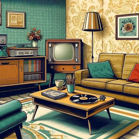 1950s Lounge Room, Retro Living Room Art, 50s Interior Design Living Rooms, 50s Aesthetic House, Vintage Small Living Room Ideas, 50s House Aesthetic, 50s House Decor, 1950 Living Room, Living Room Concept Art